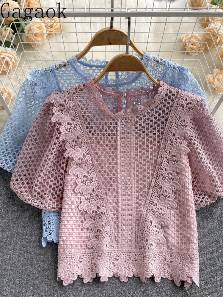 Gagaok French Niche Design Crochet Hollow Knitted Blouse 2022 Summer Women's Thin Short-sleeved Shirt Unique Unique Blouses