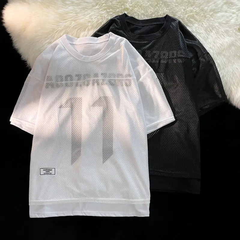 

National trend summer vacation two-piece versatile short-sleeved T-shirts for men Korean style high street loose couple y2k tops