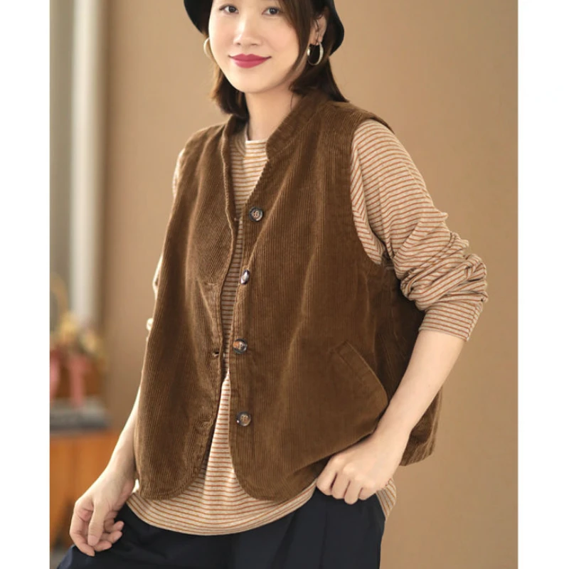 Women Corduroy Vest Sleeveless Cardigan Jacket Single-breasted Vintage Korean Fashion Coat Short Tops Lined Vestes Waistcoat