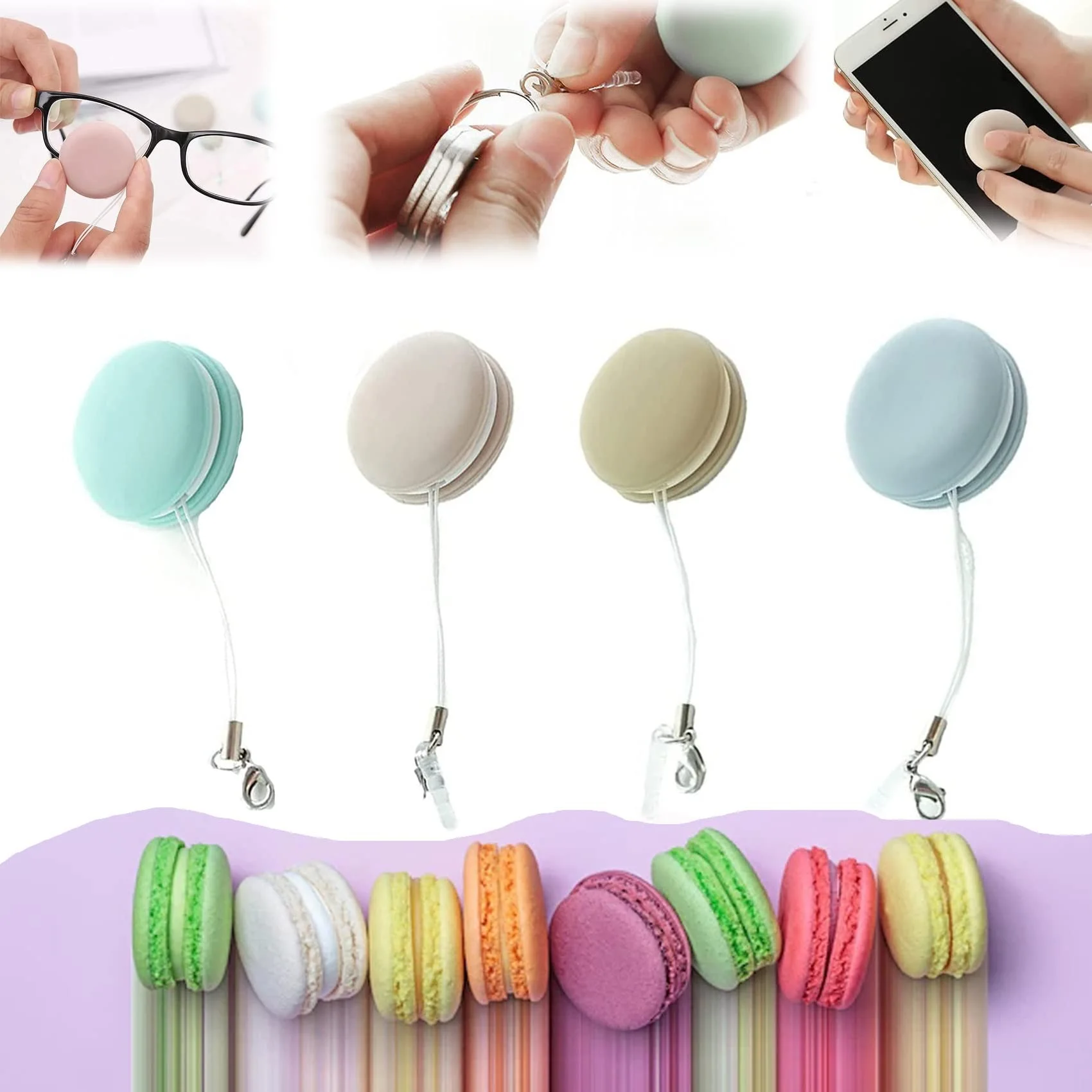 

4Pcs Macaron Mobile Phone Screen Cleaning Ball Cloth Portable Mini Phone Screen Wipe Glasses Brush Keychain Cleaner with Pendant