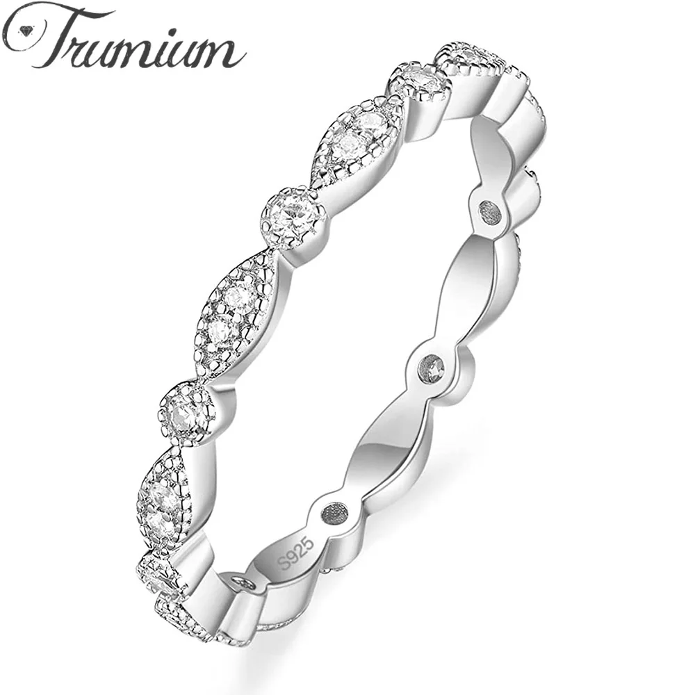 

Trumium 925 Sterling Silver Wedding Band for Women Cubic Zirconia Marquise & Round Milgrain Eternity Stackable Ring 2mm