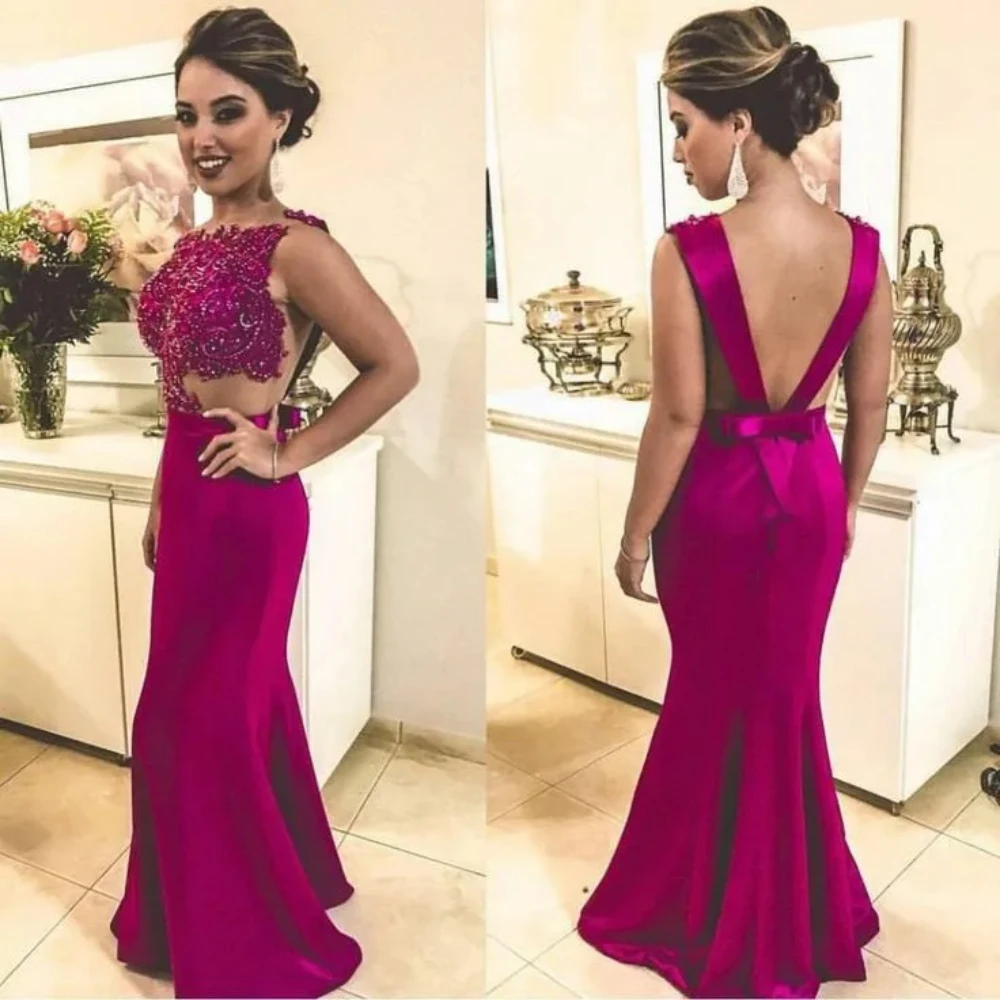 Luxury Mermaid long red satin lace decal Ball Ladies robe Sexy backless floor length formal party ball Custom Evening dress