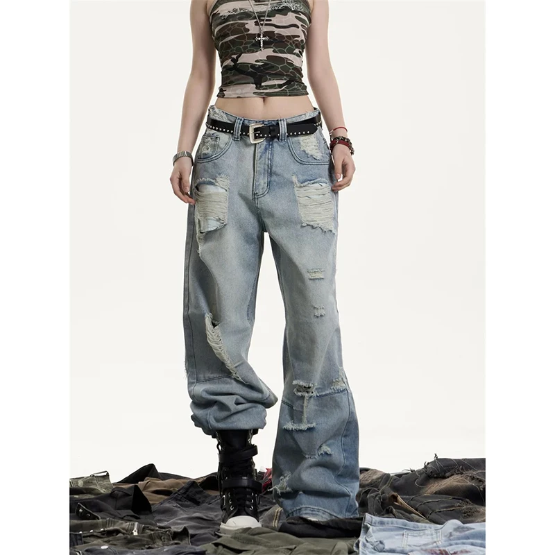 YIBASHU Women Ripped Jeans Baggy Vintage Aesthetic Streetwear Cowboy Pants Harajuku Oversize Denim Trousers Y2k 2000s Clothes 4