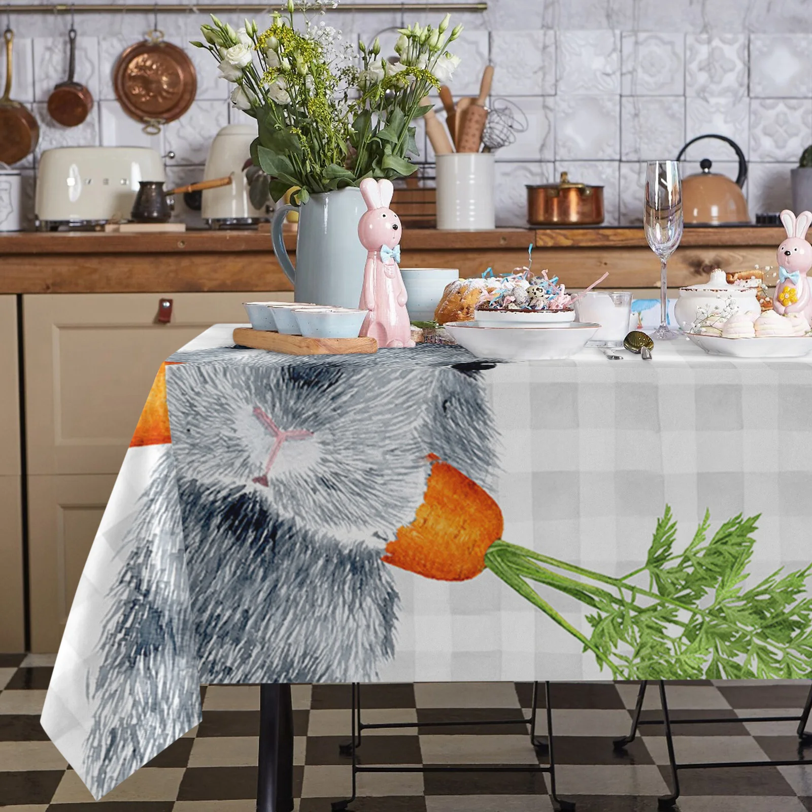 

Easter Rabbit Carrot Country Plaid Table Cloth Waterproof Dining Tablecloth Kitchen Decorative Party Table Cover