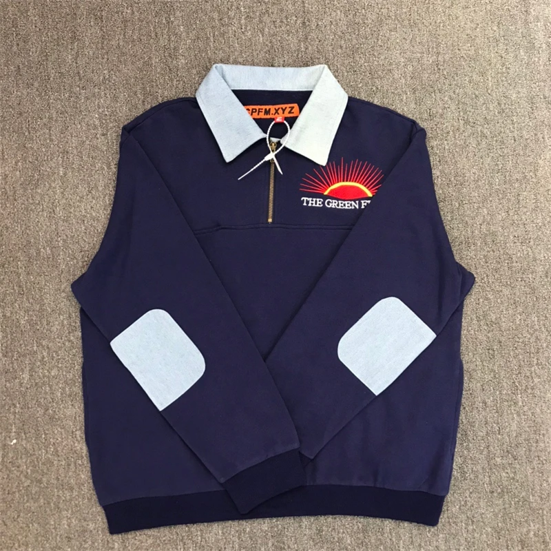 CPFM.XYZ Green Flash Denim Half Zip Sweatshirts Men Women Crewneck 