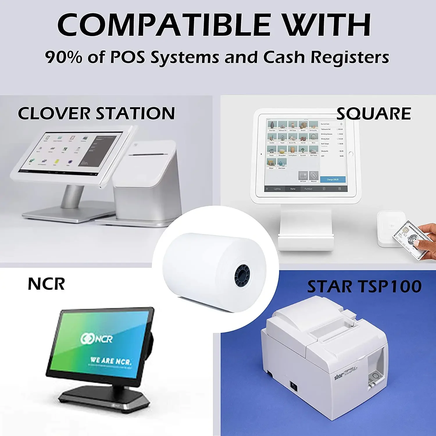 Thermal Paper 3 1/8 x 130ft, Rolls Receipt Paper Work for Star Micronics TSP100 TSP143 Epson 80mm Receipt Printer Square POS