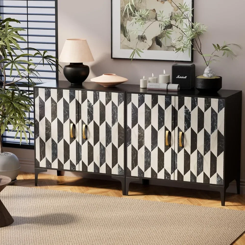 Sideboard et 2 Packs Kitchen Storage Cabinet with 4 Faux Marble Doors, Hallway, Liquor/Accent Cabinet with Gold Handles