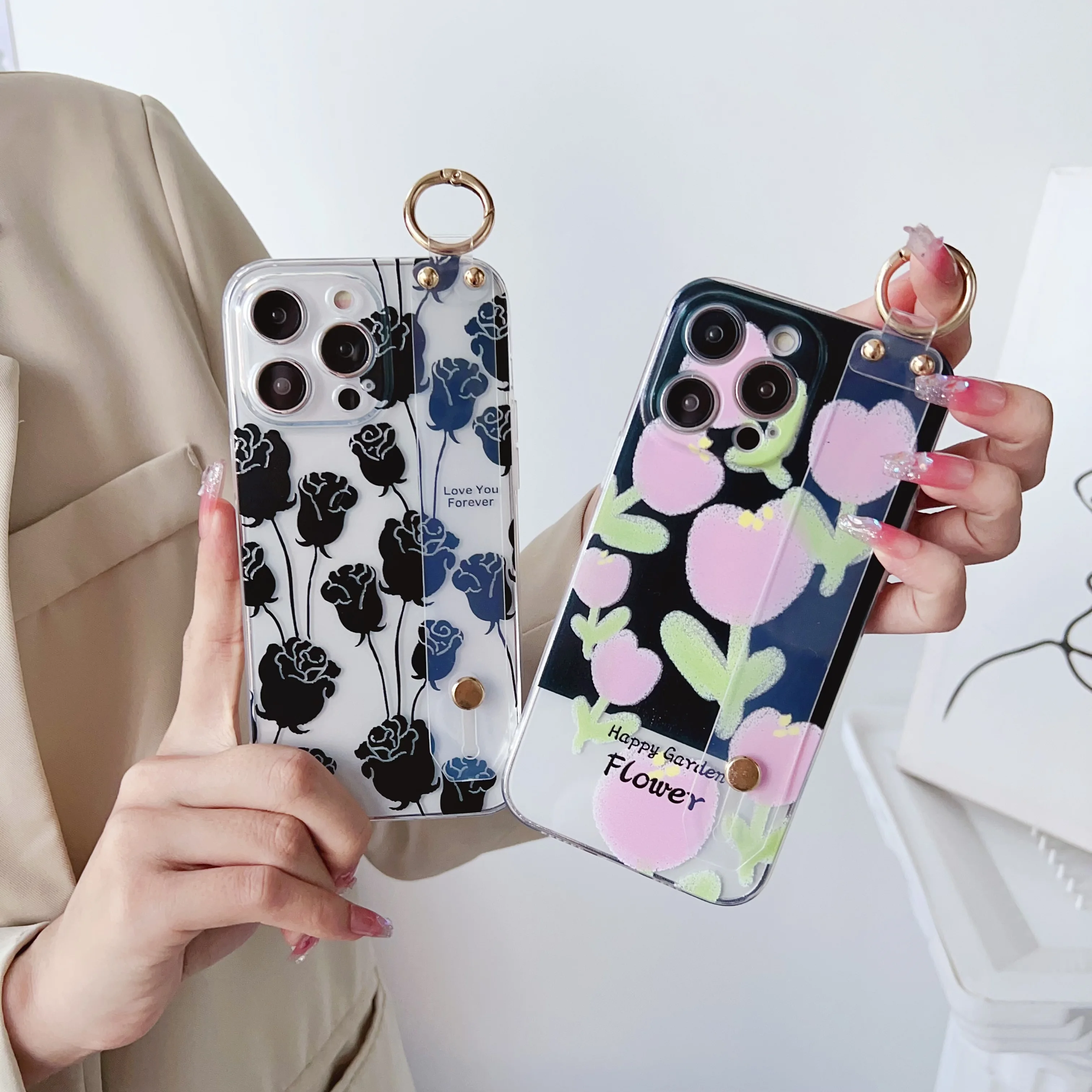 Floral Design Wrist Strap Phone Case - Fashion Edition