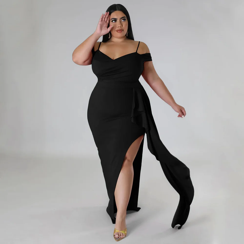 2023 Spring Women Dress Split Ruffle Off Shoulder Evening Dress Female Luxury Design Large Cloth Plus Size Birthday Dinner Robe