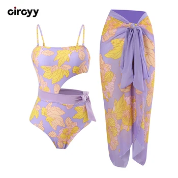 Circyy One Piece Swimsuit Women Hollow Out Beachwear Print Chiffon Cover-Ups Wrap Skirt Summer 2025 New Sexy Female Bathing Suit