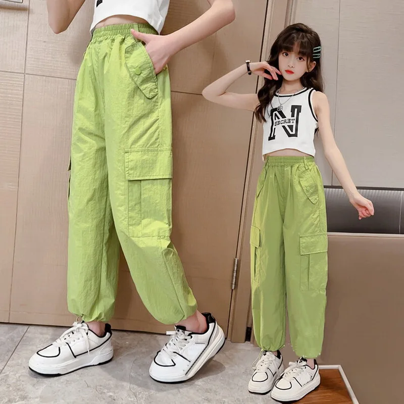 Genç kızlar moda düz kargo pantolon dört cepler ile yaz sıcak fırsatlar  çocuk giysileri yüksek bel uzun pantolon 5-14 yıl