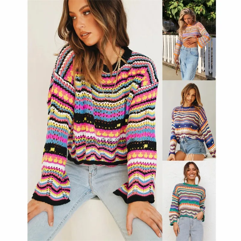 

New European and American patchwork knit sweater with loose intercolor round neck striped sweater for women