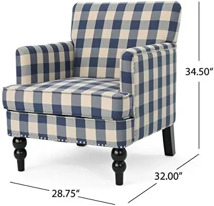 Cadeira clube de tecido adornado, xadrez azul, marrom escuro, 32D x 28.75W  x 34,5 H em - AliExpress