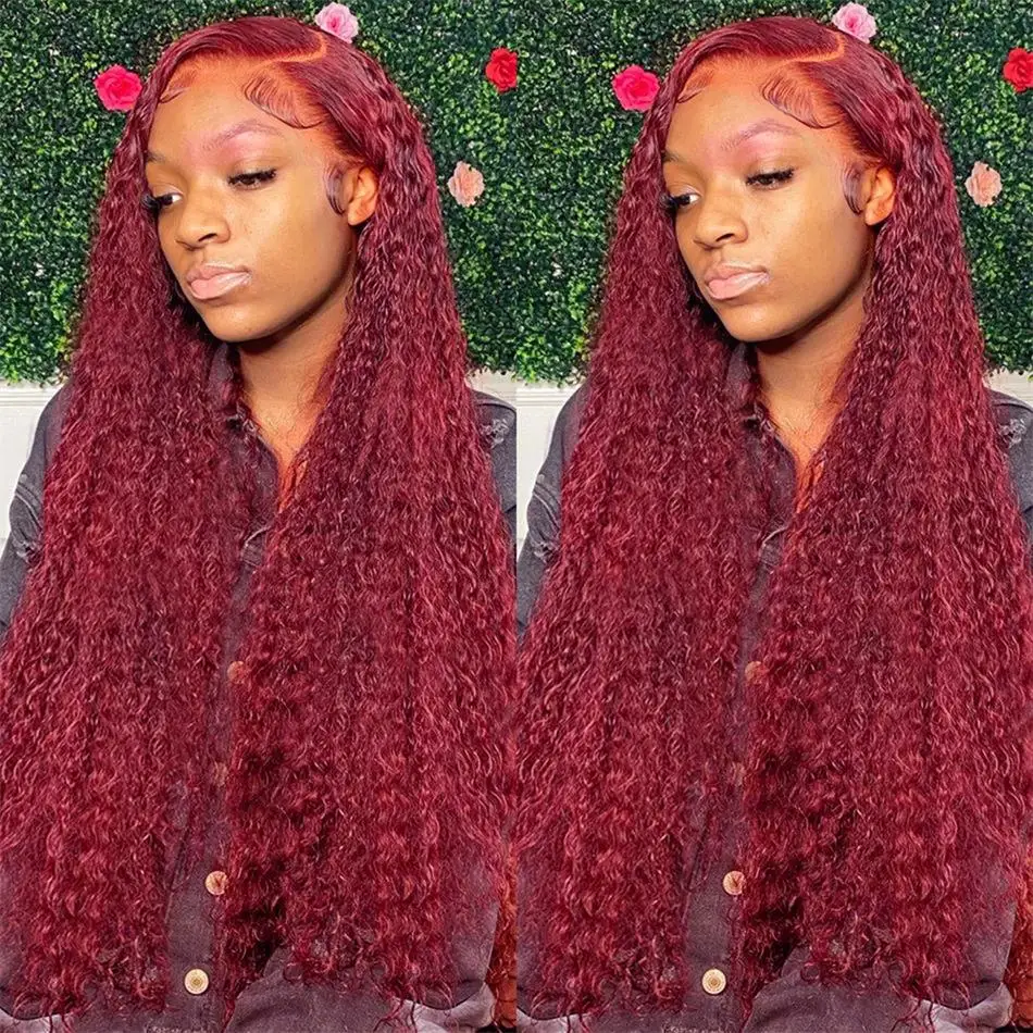 

99J Deep Wave Human Hair Wigs 13X4 Burgundy Curly 360 Hd Transparent Lace Front Wig 13X6 Red Color Lace Frontal Wig For Women