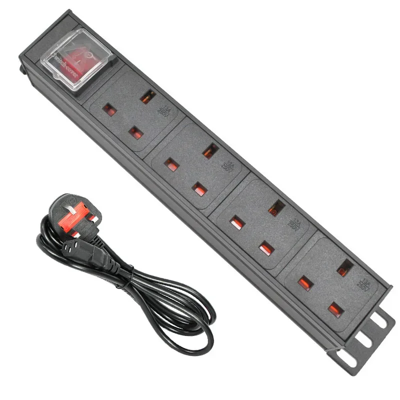 

PDU Power Strip Distribution Unit for Cabinet Strip Aluminum alloy Socket 4 way UK Plug Outlets C14 port