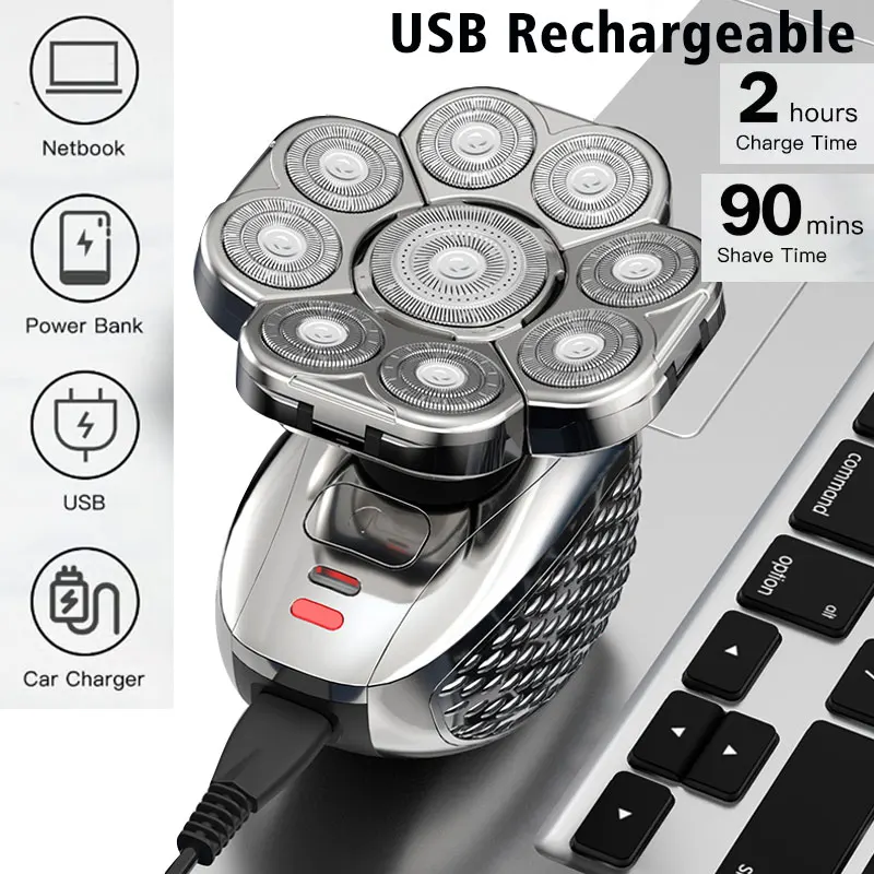 Men's Bald Head Electric Shaver 9 Blades Floating 6In1 Heads Beard Nose Ear Hair Trimmer Clipper Facial Brush Rechargeable Razor 4