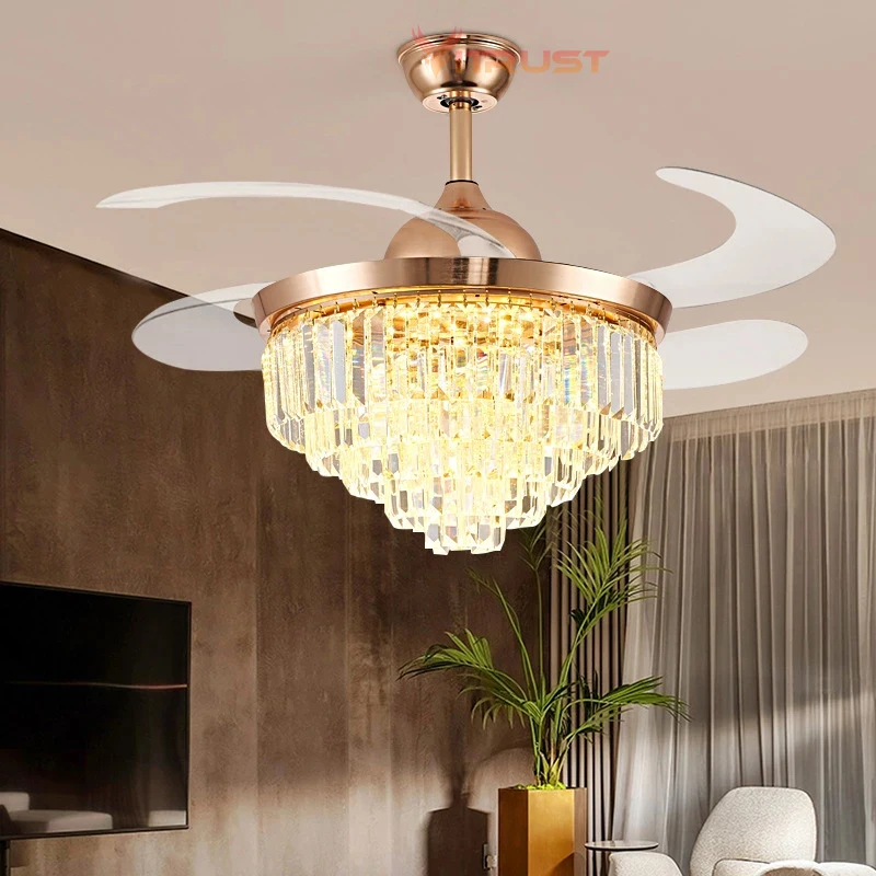

Nordic LED Ceiling fan Lights Folding Luxury Crystal 42in Invisable Fans Lighting Gold Living Room Dining Bedroom fan Ventilator
