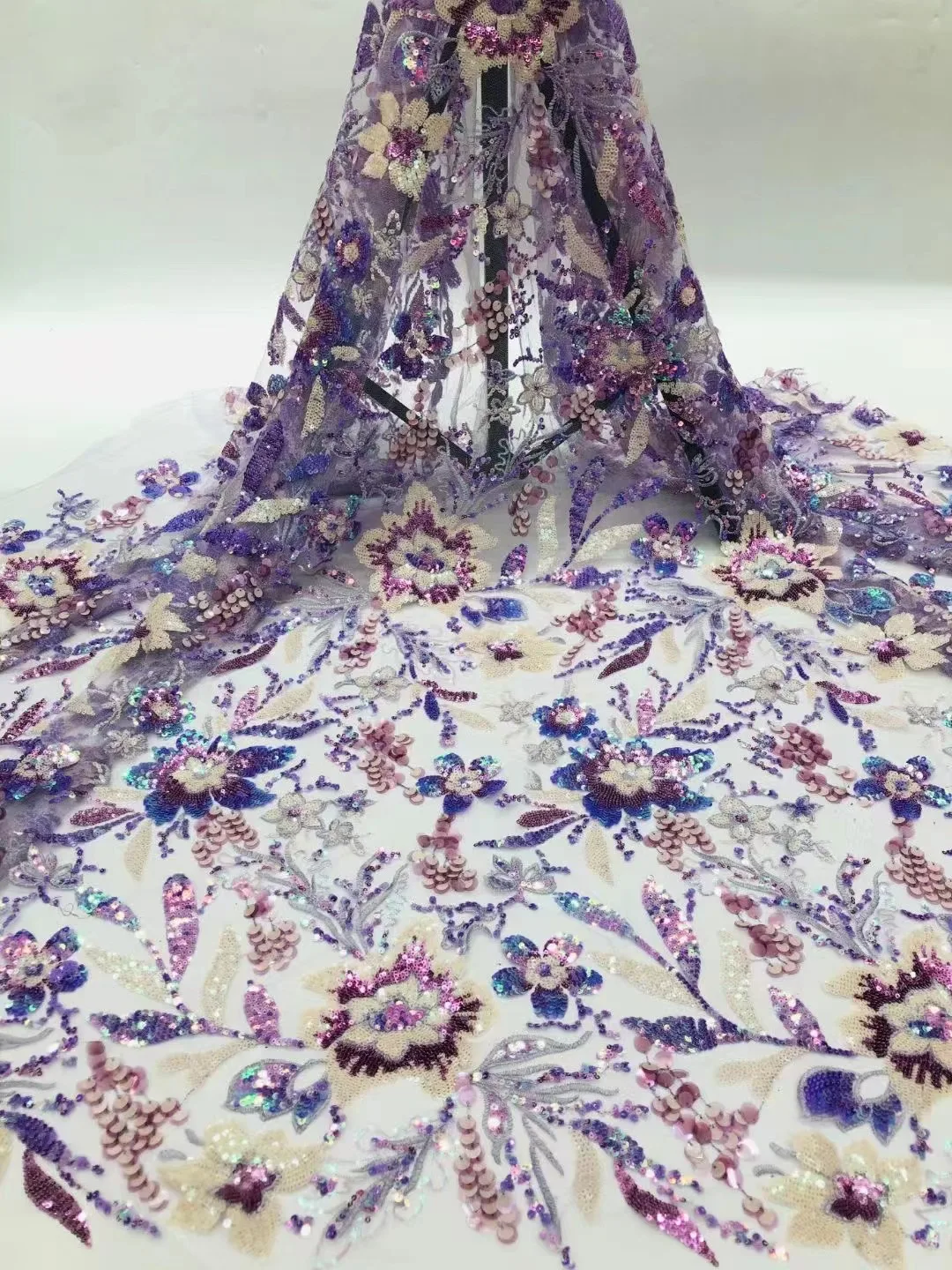 

Purple Luxury Nigerian Tulle Lace Fabric With Sequins 2023 Embroidery African Beaded French Lace Fabrics for Party Dress