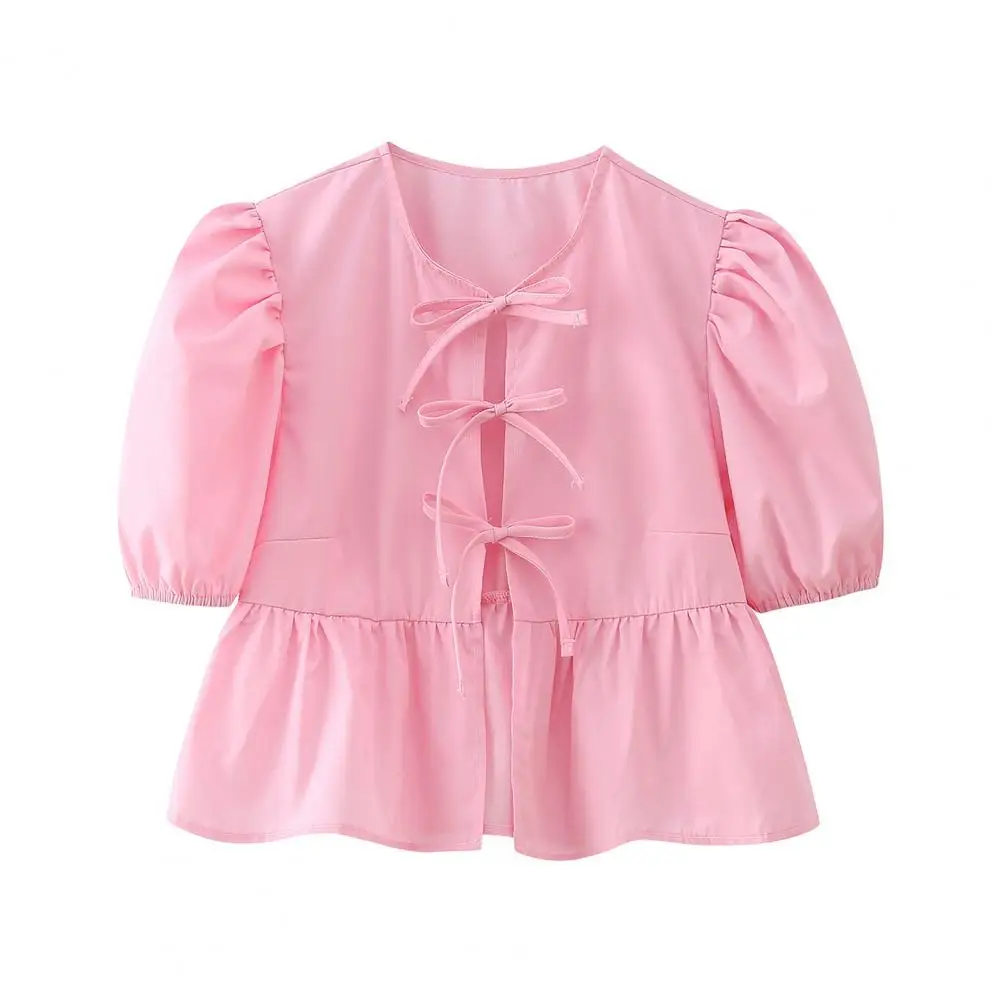 

Women Bow Lace Up T Shirt Casual Loose Round Neck Puff Short Sleeve Short Top 2024 New Elegant Female Commute Street Blouse