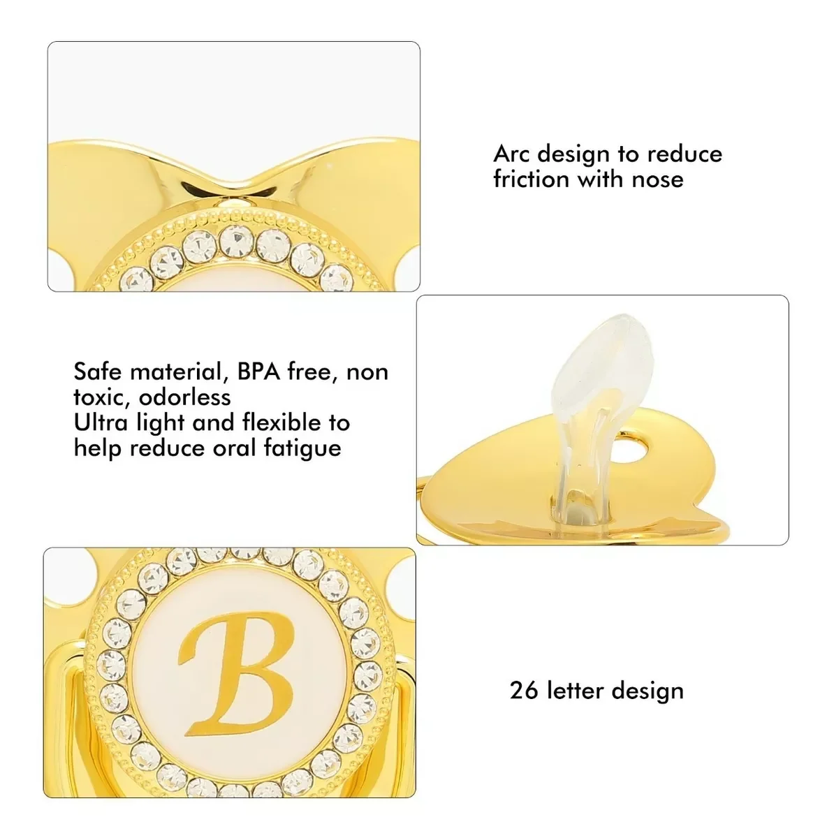 First Letter Pacifier Designed for 0-3 Year Old Teething Babies 26 Letters Optional With Dust Cover Fasteners BPA Free