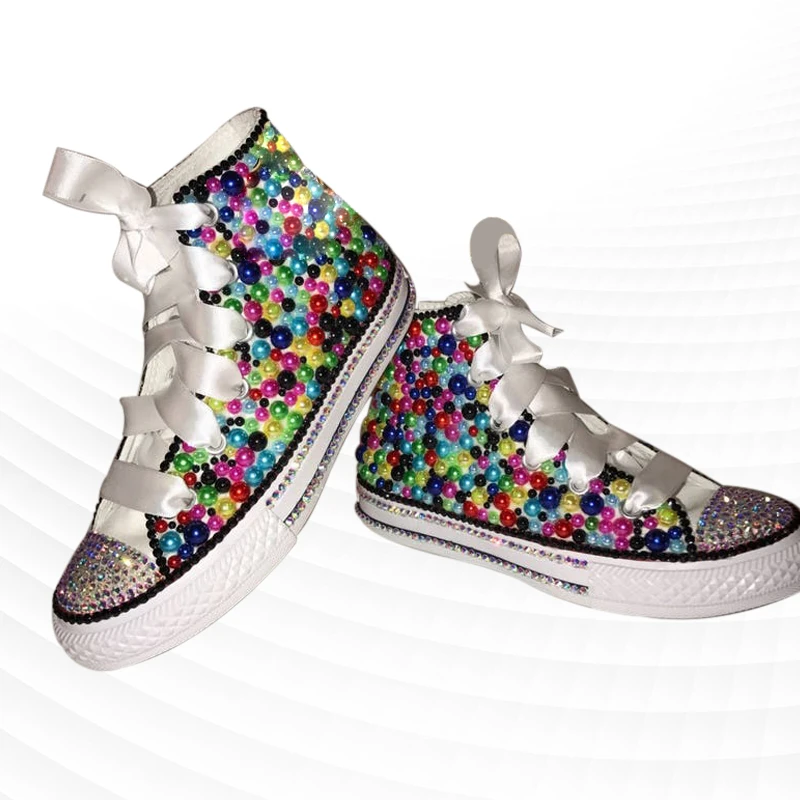 

Pearl classic canvas shoes colorful rhinestone lace lacing hand custom casual sports shoes men and women plus size 35-46