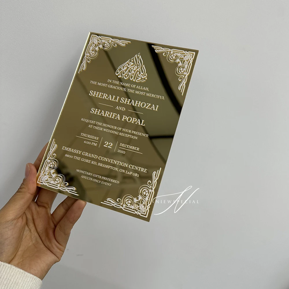 Classic Elegant Simple Gold/ Rose Gold/ Silver/ Brown Mirror Acrylic  Wedding Invitation with White Ink - AliExpress, image size:1000x1000