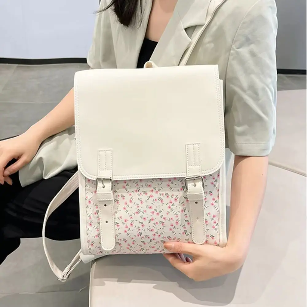 Handbag Fashion Flap Backpack Large-Capacity Aesthetic PU Leather Flip School Bag College Style Square Flower School Bagpack 1