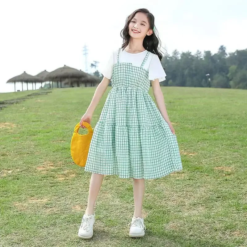 

Summer Fashion Girls Dress 2024 Princess Kids School Casual Lattice Dresses Children Clothes Teen Birthday Vestido 6 8 10 12 14