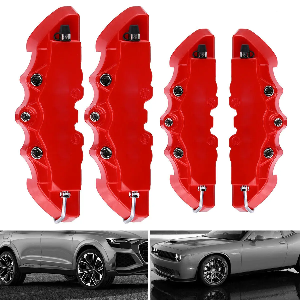 4Pcs 3D Car Disc Brake Caliper Covers Front & Rear Kit Red Plastic Car Caliper Cover Decoration Auto Brake Cover