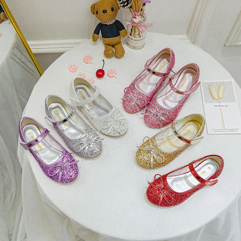 Girls Leather Shoes Kid's Bowknot Flats Princess Sequins Kid's Flats Children's Dance Shoes Size 24-37