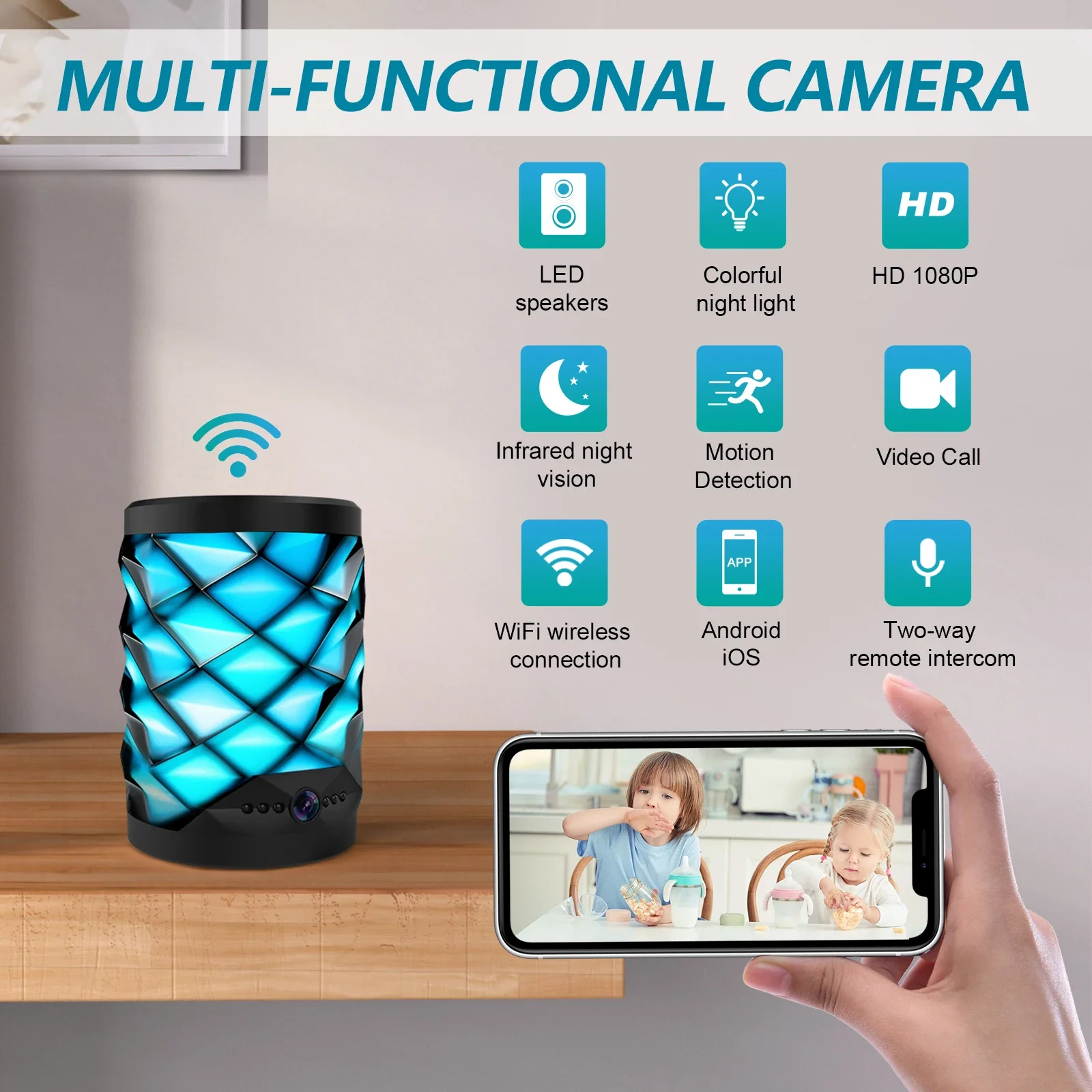 compact mini wifi camera with speaker design on display