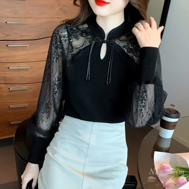 

New Chinese National Style Knot Button Shirt Women's Spring Winter New Fleece-lined Lace Knitted Shirt Inner Wear Blouse Lady