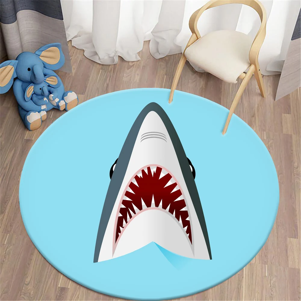 

CLOOCL Round Rug Home Decor Cartoon Shark Head One-sided Printing Children's Anti-skid Mute Floor Mat Supplies Flannel Rug