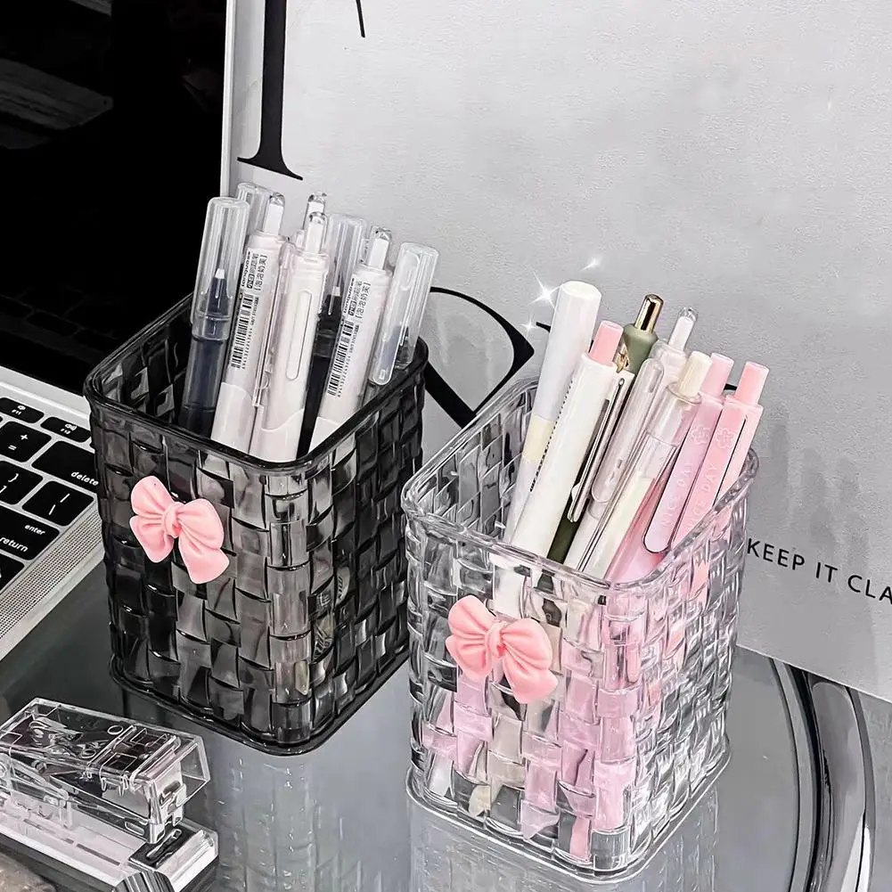 Organizer da scrivania in acrilico trasparente con fiocco decorativo - Portapenne e cestino portaoggetti resistente per forniture da ufficio, penne e accessori - immagine 4