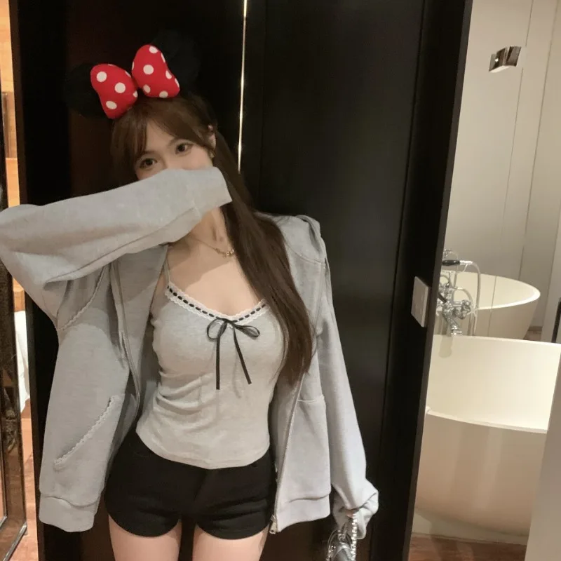 Qgz 일곱 공주 로우 컷 레이스 스플 라이스 자른 탱크 탑 슬리밍 부드러운 실루엣 내부 조끼 짧은 숙녀상의