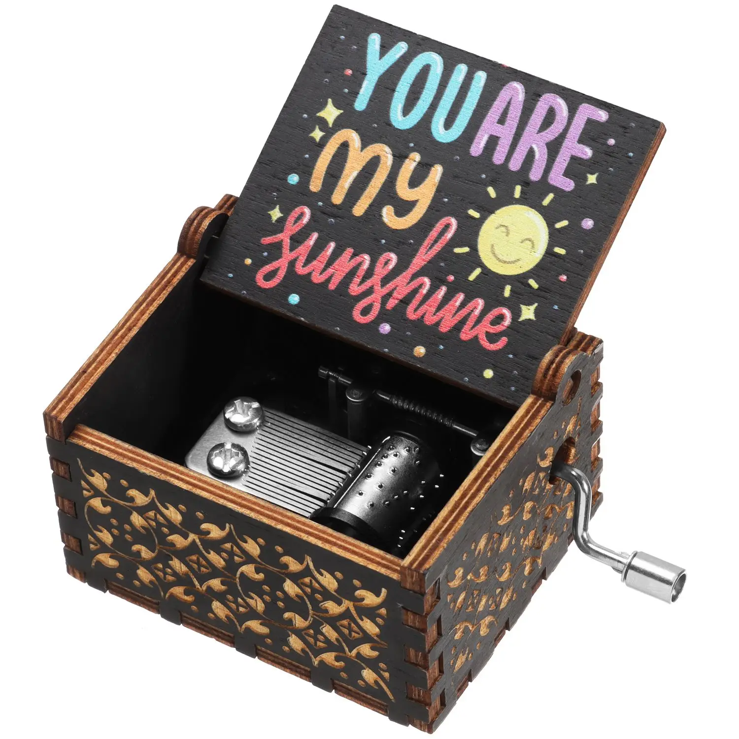 Hand-Cranked Wooden Musical Boxes You are My Sunshine Music Box Birthday Christmas Valentine's Day Suitable Gifts Black Engraved 3