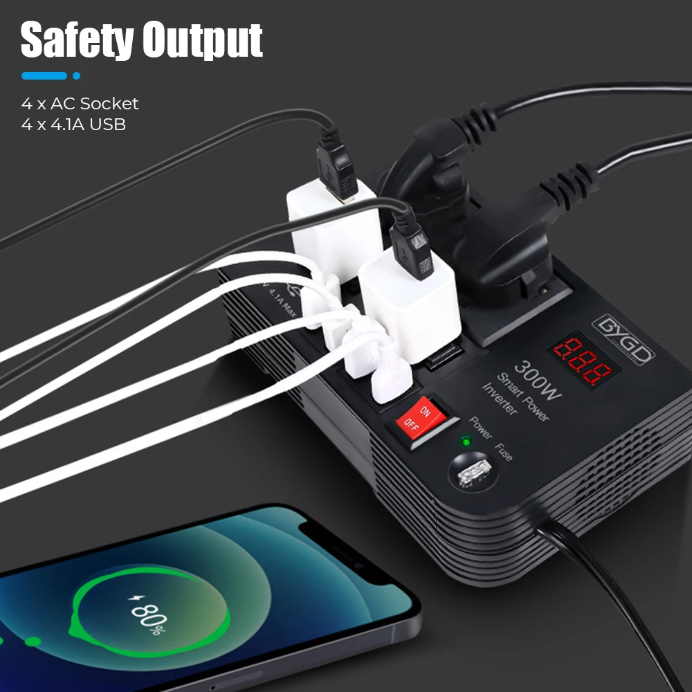 Overload Protection ON/OFF Switch 4 AC Sockets DC 12V to AC 220V Converter Outlets Car Inverter 4 USB Ports 300W Power Adapter vehicle inverter car converter inverter car inverter car power converter power inverter
