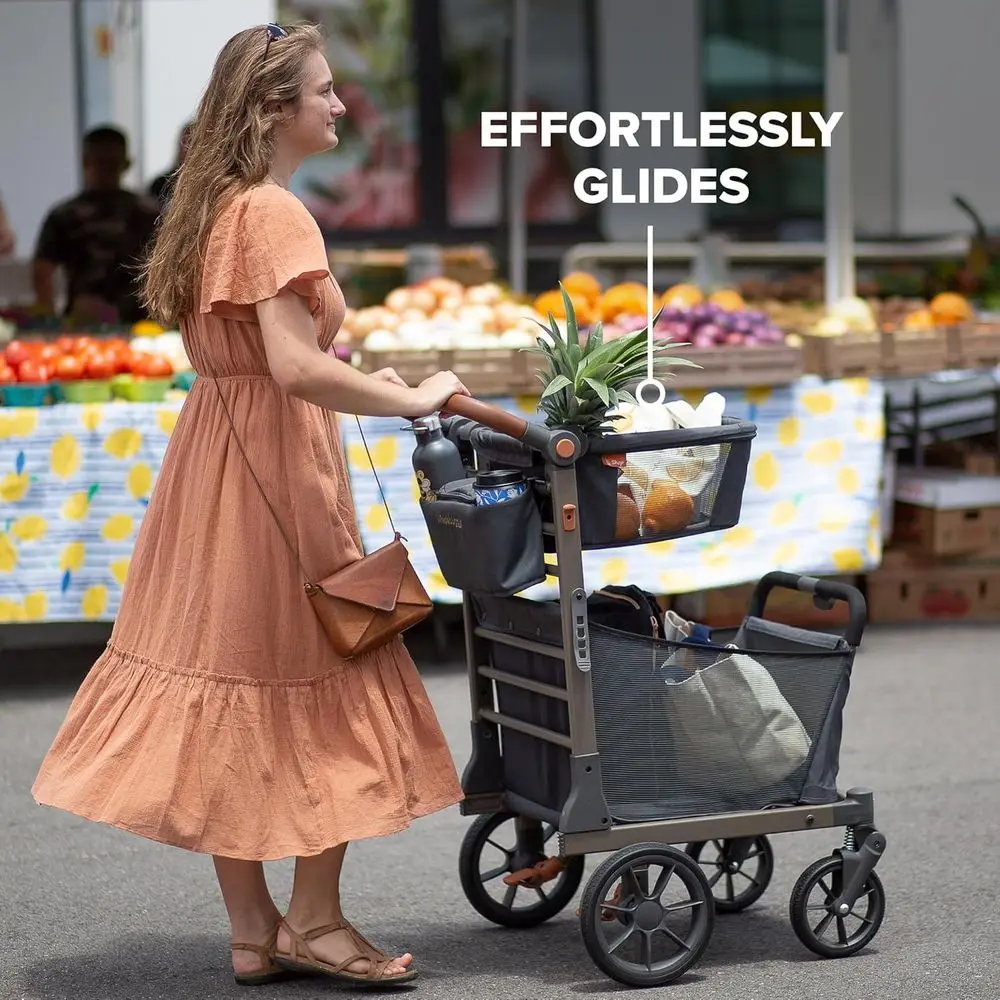 Portable Folding Shopping Cart-Lightweight Utility Cart with Durable Wheels, Storage Basket, and Heavy-Duty Cup Holders