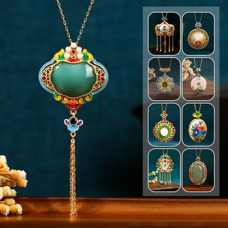 

Vintage Chinese Style Gold-plated Retro Tassel Necklace Temperament Enamel Pendant Hanfu Cheongsam Decor Accessories