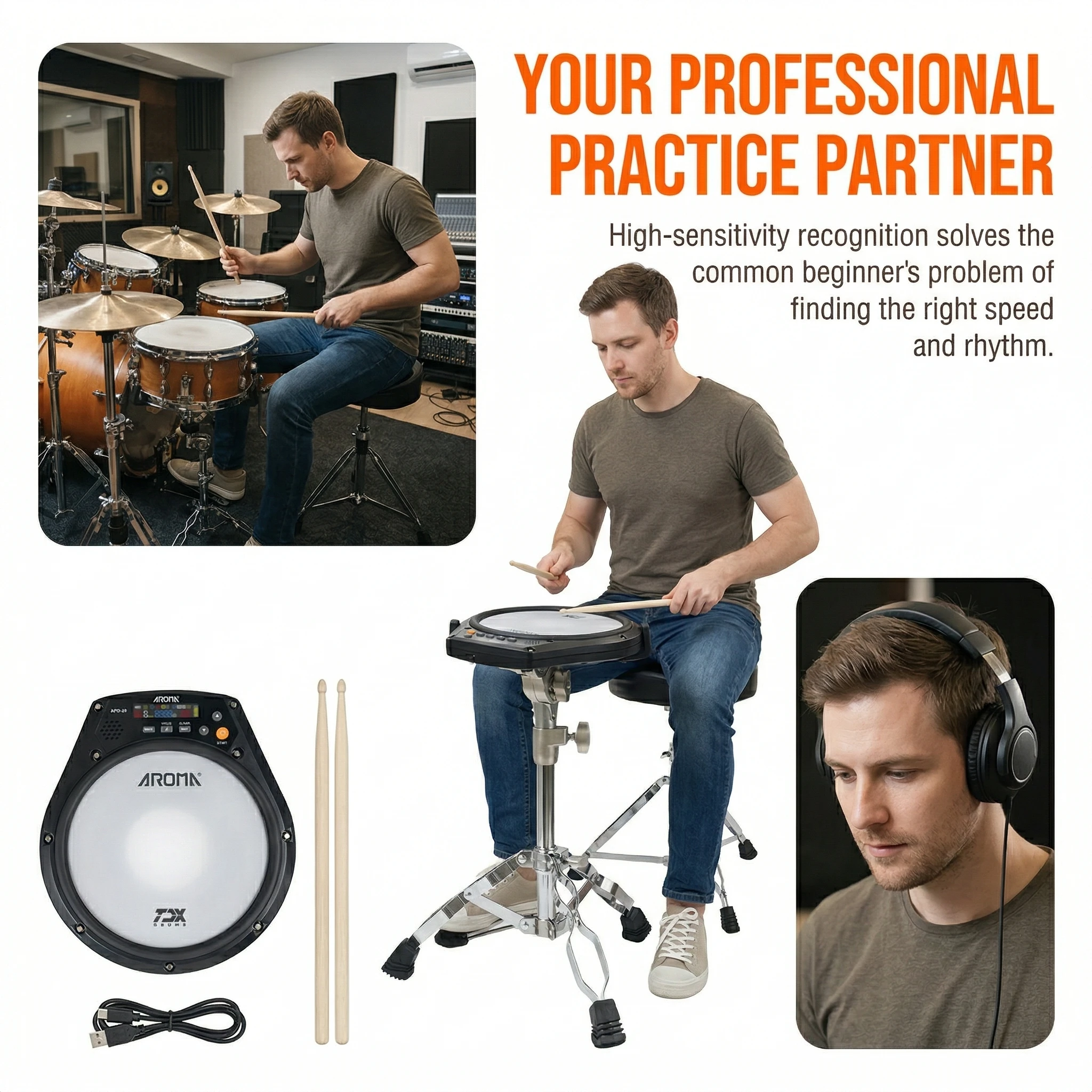 Aroma APD-20 Dumb Drum Pad משטח רשת מתכוונן נייד לאימון כלי הקשה חלקי מוזיקה לאולפן תרגול תופים שקט