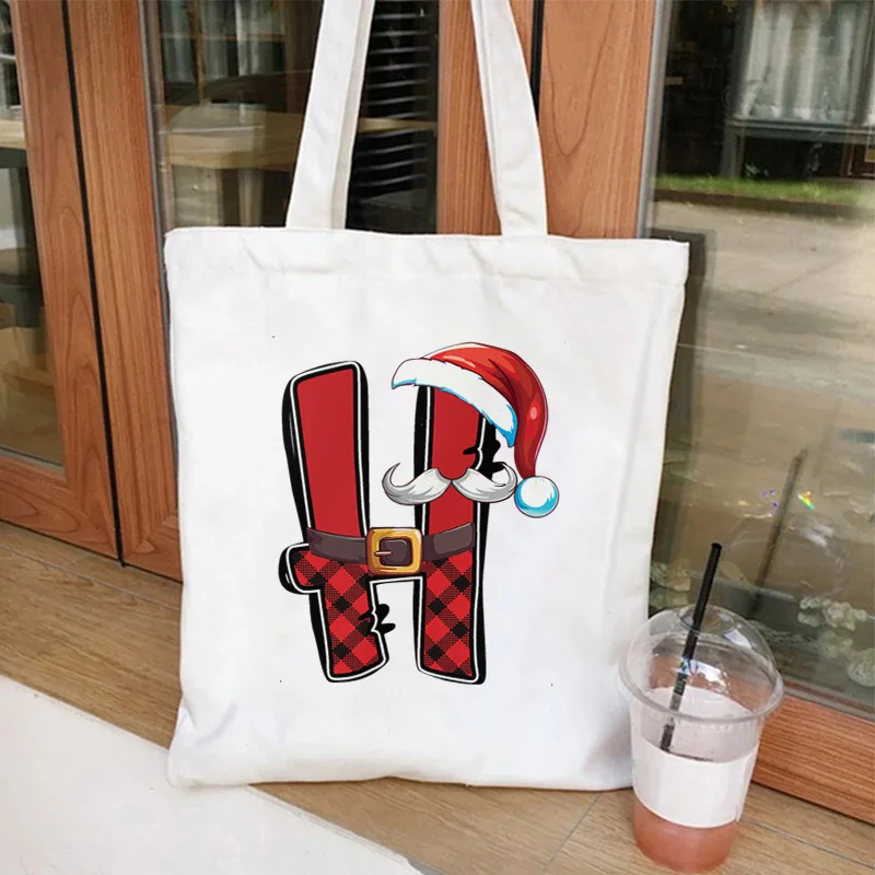 Große Kapazität Canvas-Tasche Weihnachtsthema 26-Buchstaben-Druck Einzelschulter-Handtasche Einkaufstasche Anpassbares Logo Wärmeübertragung
