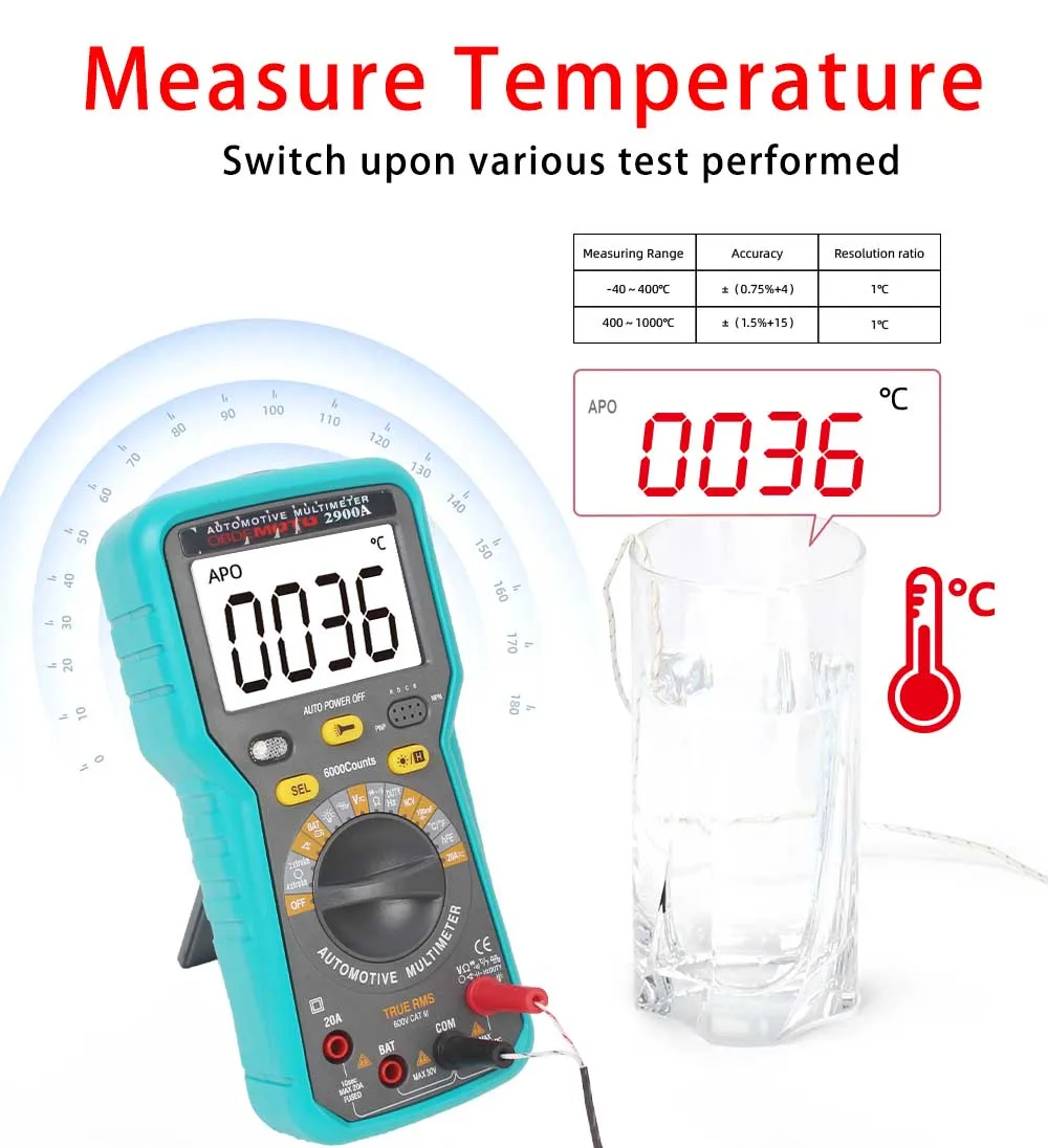 Circuit Tester Kit 2900A Digital Multimeter 6000 Counts Dwell Angle RPM Meter AC DC Voltage Current Crystal Triode hFE Parameter Automatic Gauge