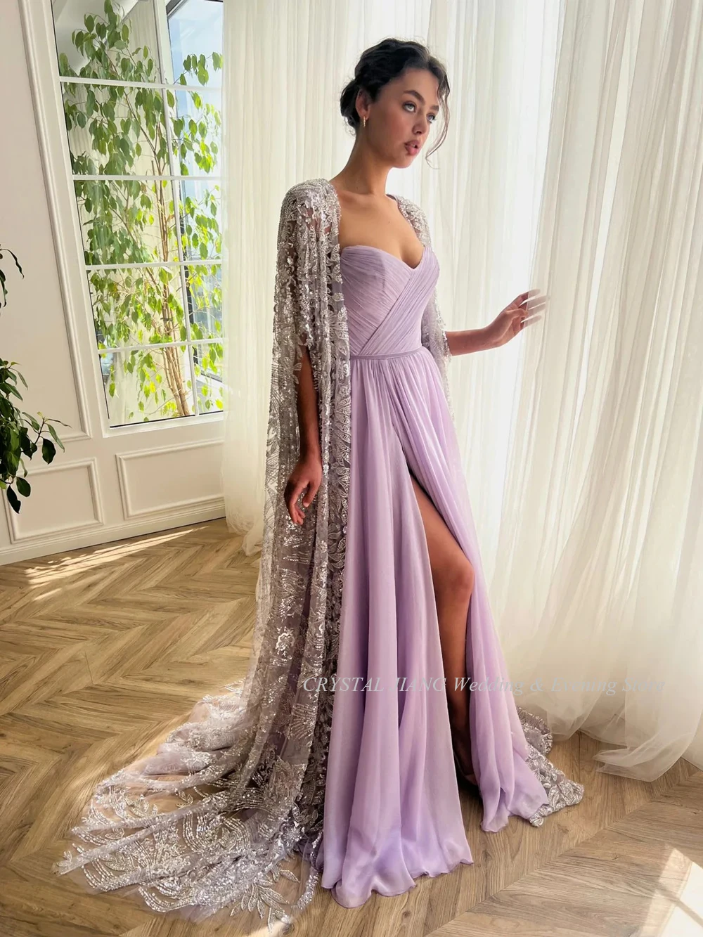 

Elegant Purple Chiffon Long Prom Dresses Custom Made Lace Cape Formal Occassion Dresses for Women 2023