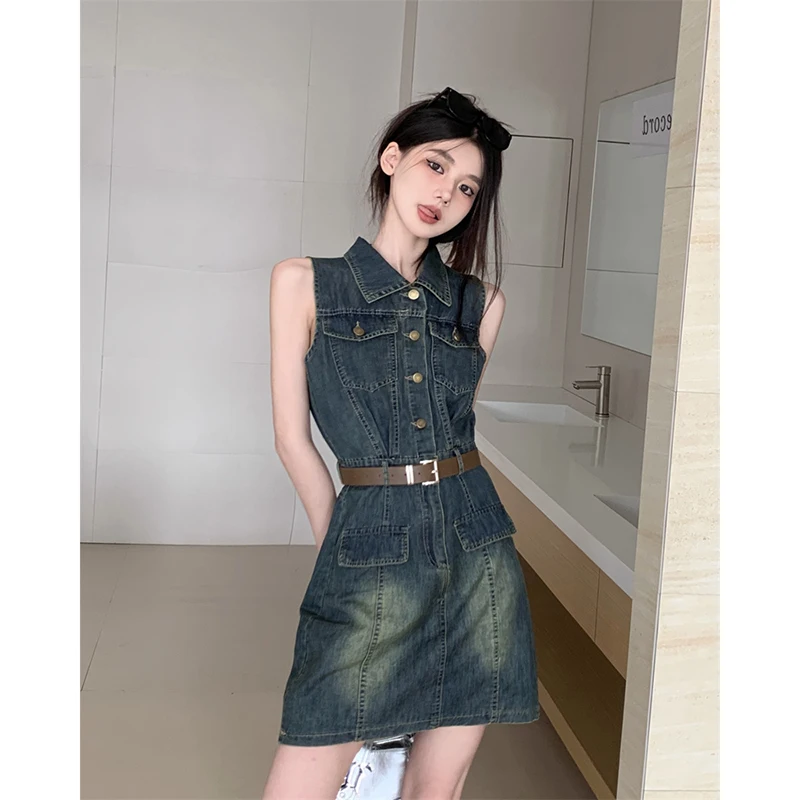 

Женское облегающее короткое джинсовое платье, летнее однобортное платье с отложным воротником