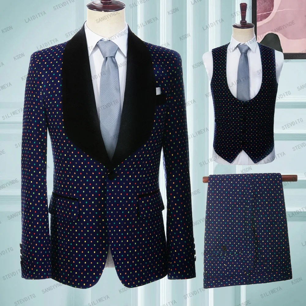 

2023 New Teal Polka Dots Men Suit Slim Fit Wedding Wear Business Navy Blue Suit Elegant Costume Mariage Homme 3 Piece