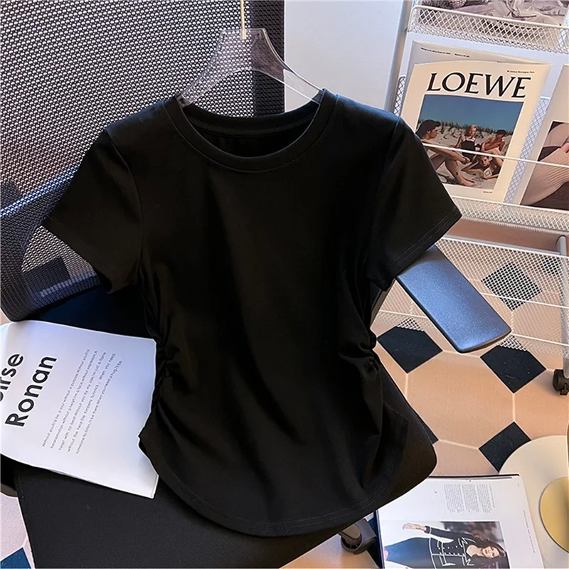 Summer ort Sve T-irt Women's Waist-Cinching Hem Irregular Arc Design Commute Sle Korean Version Polyester Fiber