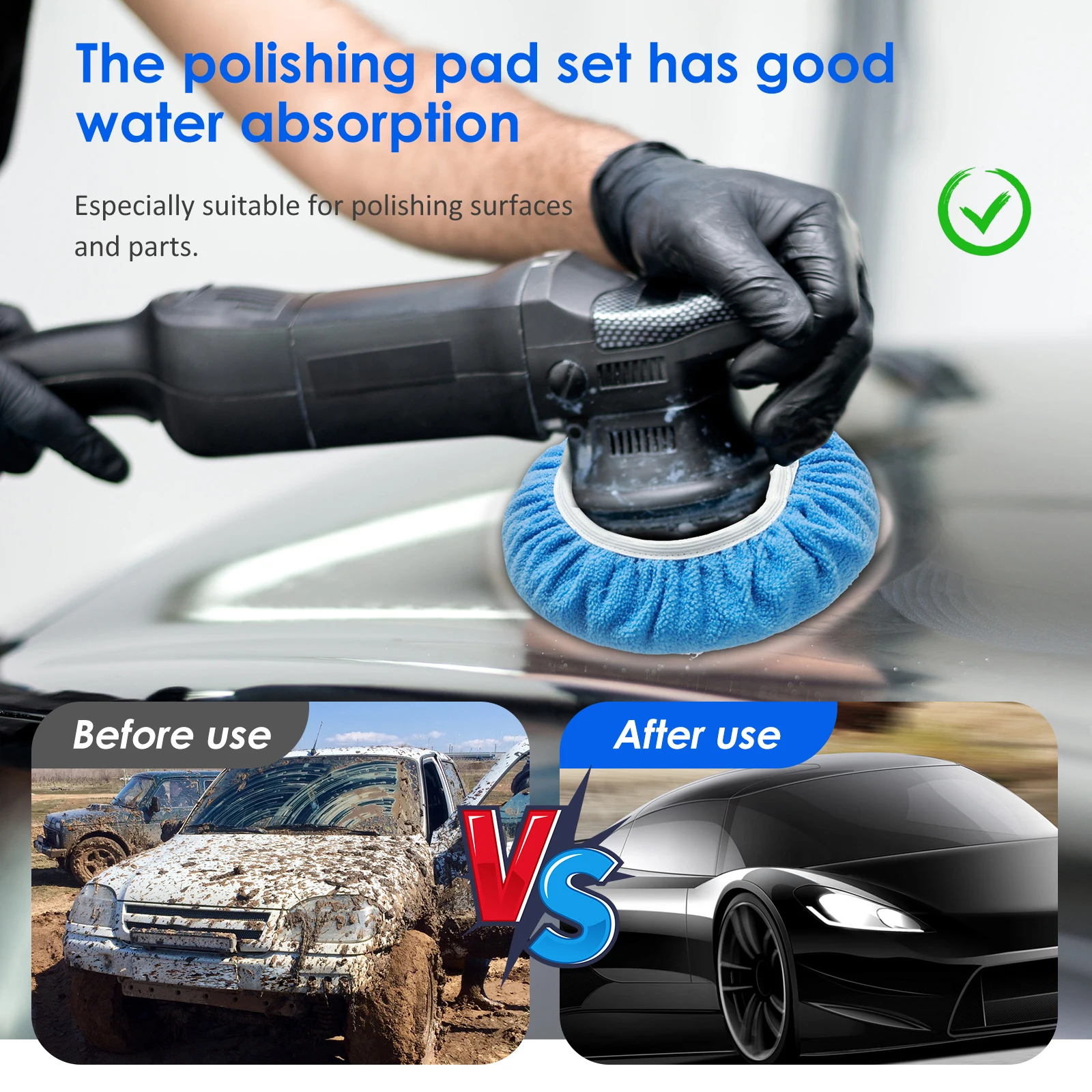 15 Pcs Car Polisher Pad Bonnet 7 to 8 Inch/9 to 10 Inch Reusable Car Buffing Pads with Microfiber Wax Pads and Woollen Polishing