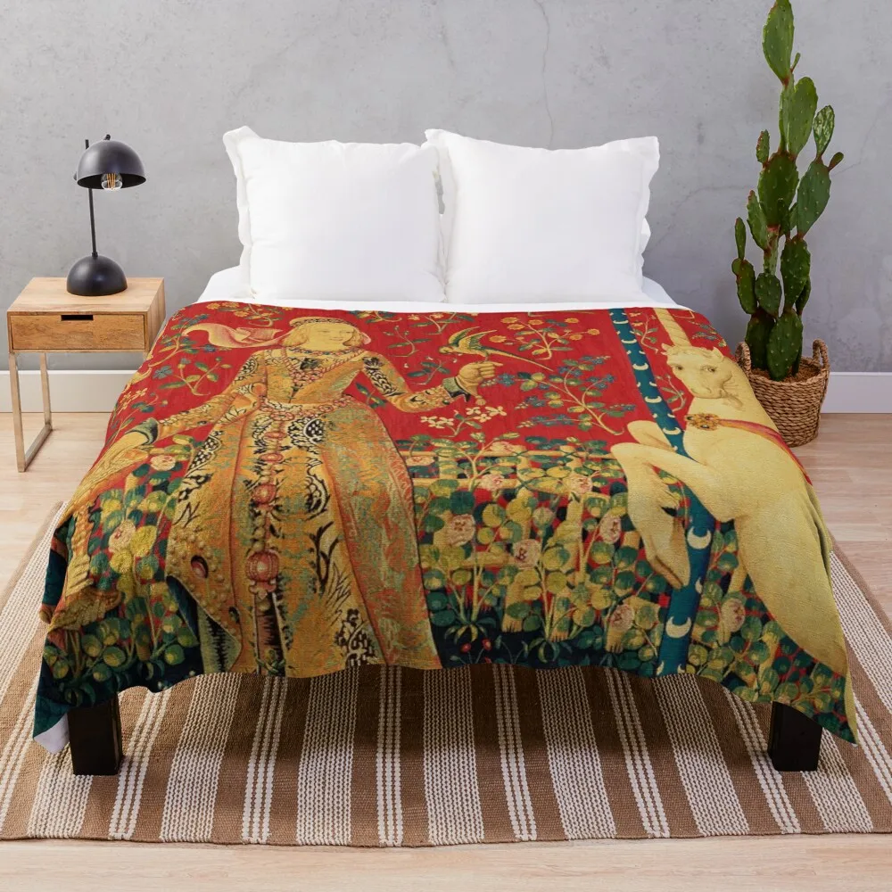 

LADY AND UNICORN Taste Detail ,Red Green Fantasy Flowers,Animals Throw Blanket Comfort Recieving Blankets