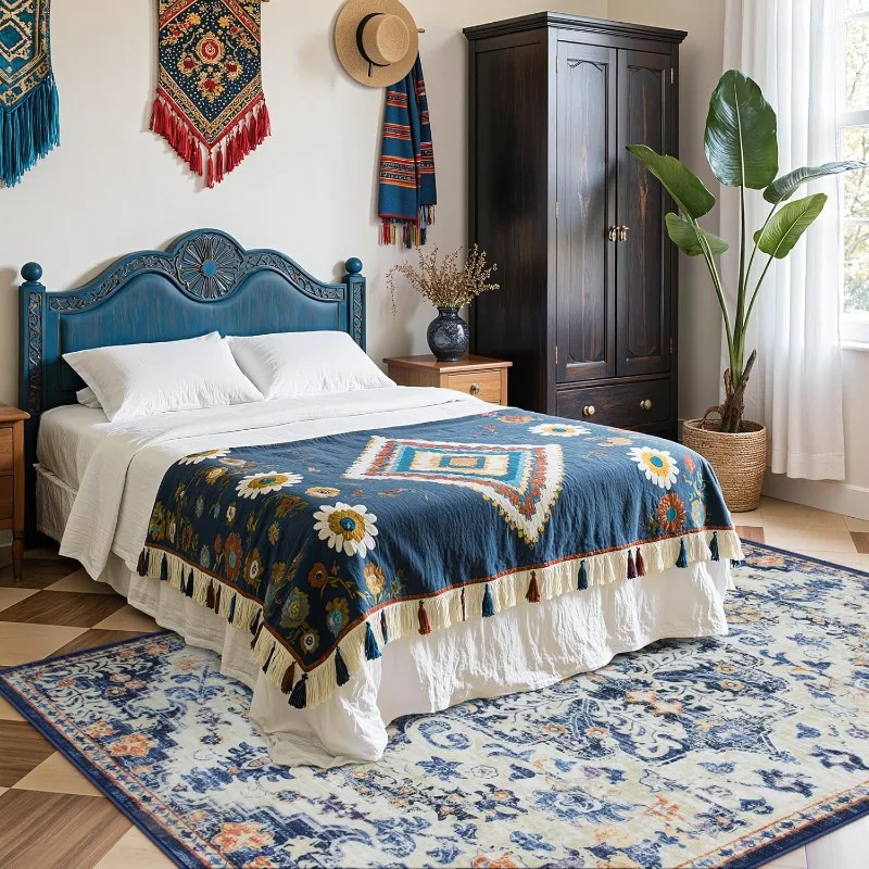 Retro Living Room Carpet Symmetrical Geometric Floral Bedroom Plush Rug Foldable Machine Washable Non-slip Cloackroom Mats Tapis