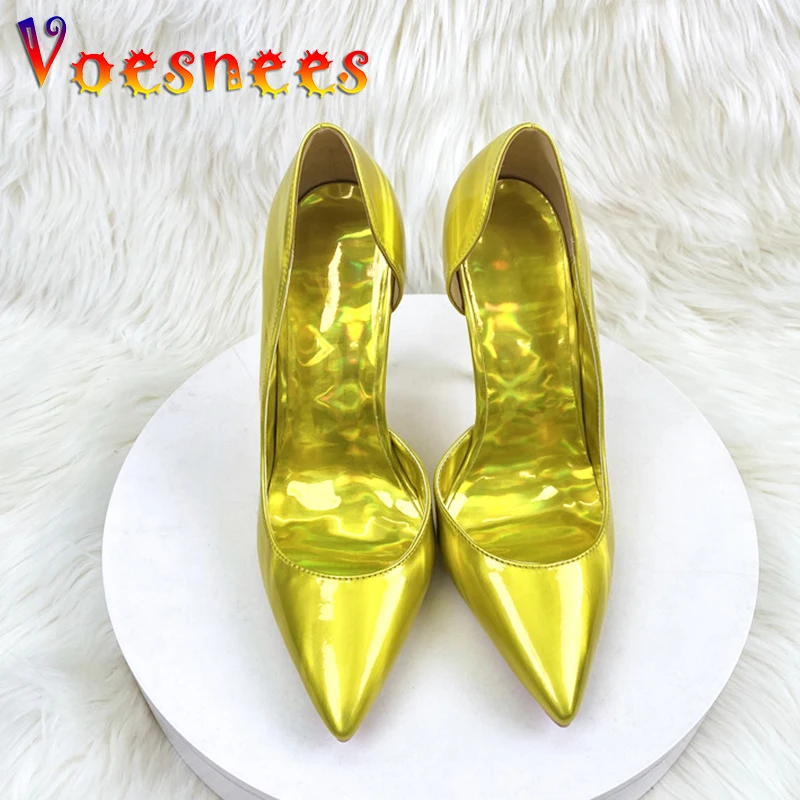 

Shiny Golden Women Pump 12CM Stilettos Pointed Toe Single Shoes Europe And America Star Stage High Heels Models Footwear Custom